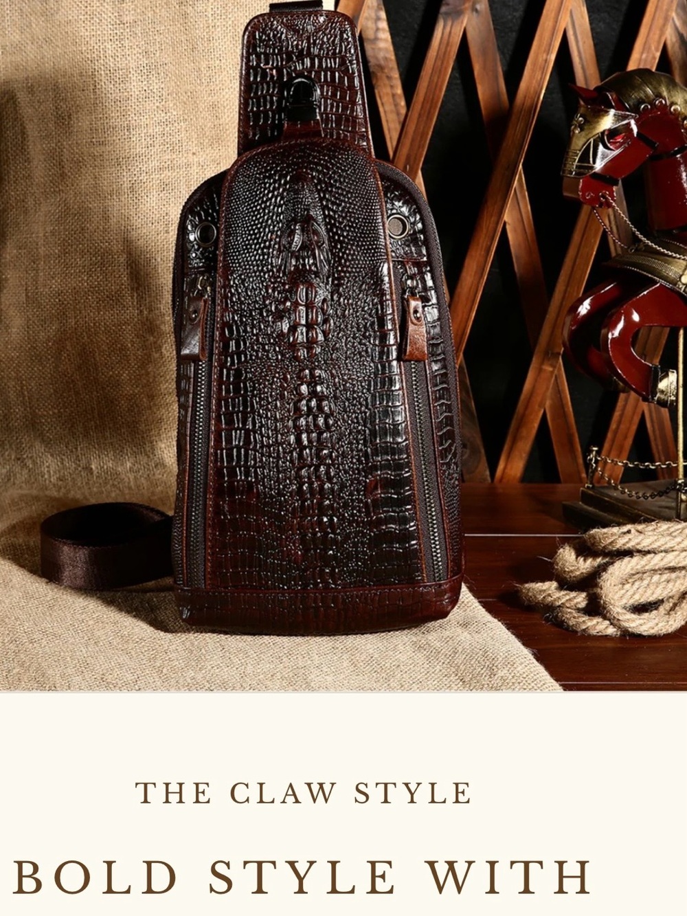 Classic Croc-Embossed Leather Shoulder Sling Bag in Dark Brown